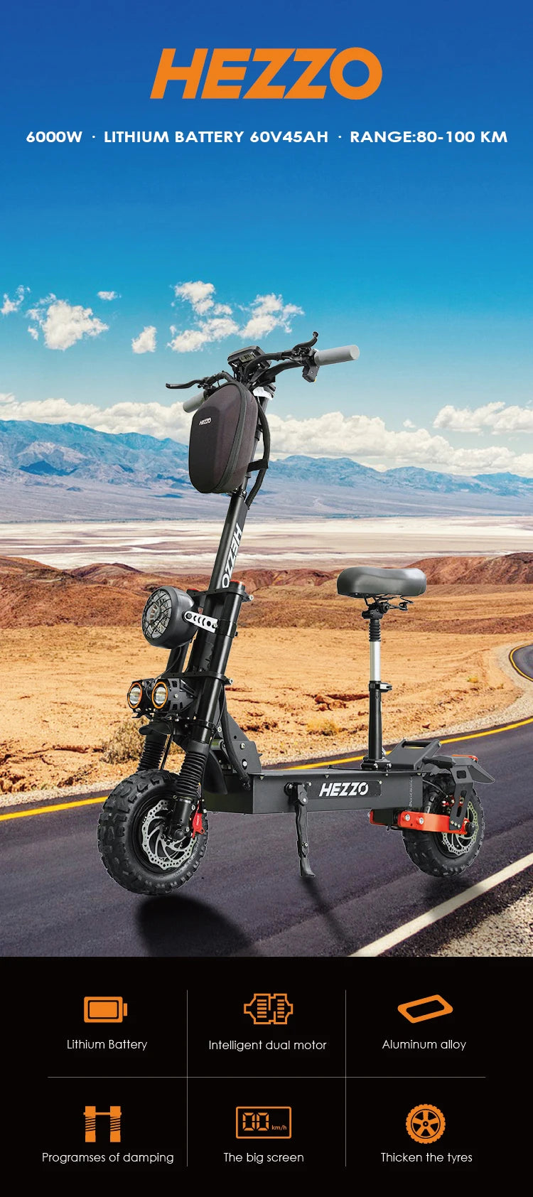 Electric Scooter 60V 6000W Dual Motor 45Ah High Speed Long Distance Foldable Off-road Two-wheel Electric Scooter