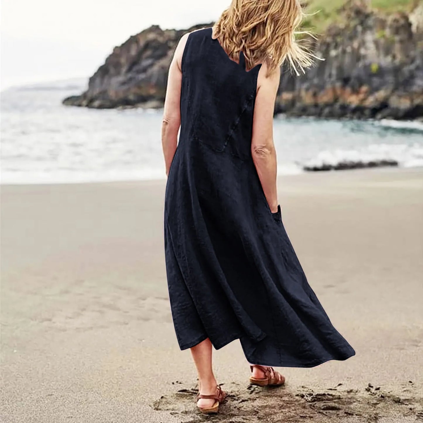 Women Cotton linen dress Fashion Simple beach dresses Solid Color Sleeveless Long skirt With pocket vestidos veranos moda 2024