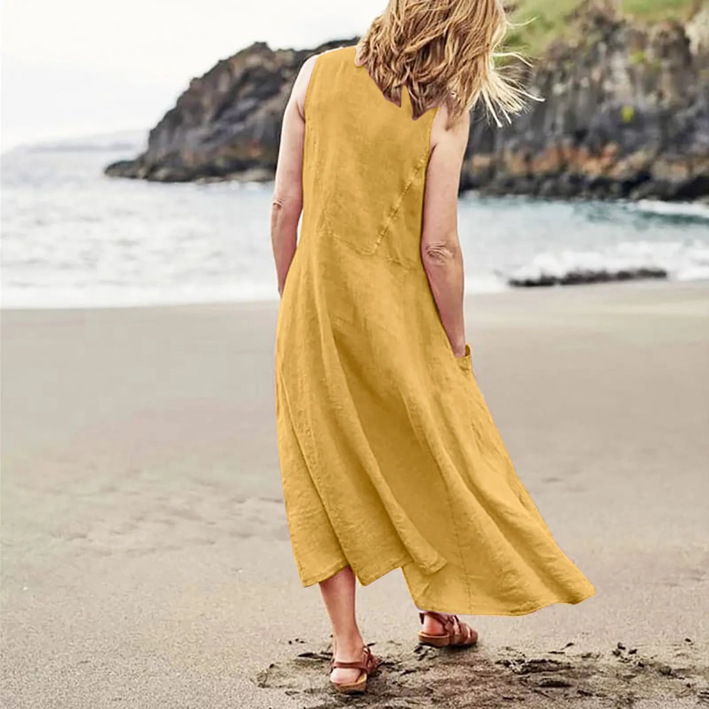 Women Cotton linen dress Fashion Simple beach dresses Solid Color Sleeveless Long skirt With pocket vestidos veranos moda 2024