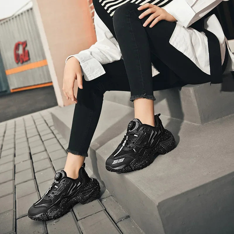 2025 Trendy Chunky Running Shoes New Rotary Buckle Men Women Thick Bottom Jogging Footwear Couple Street Style Male Sneakers