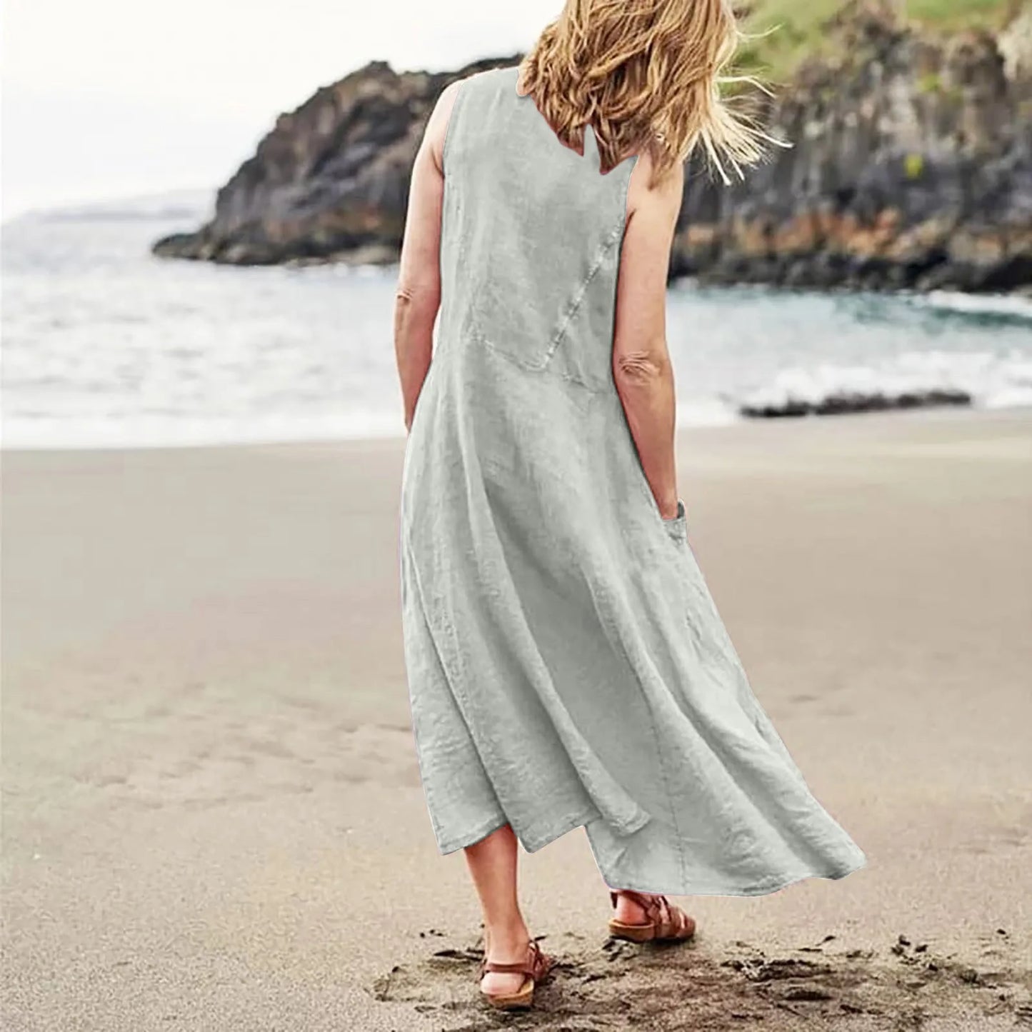 Women Cotton linen dress Fashion Simple beach dresses Solid Color Sleeveless Long skirt With pocket vestidos veranos moda 2024