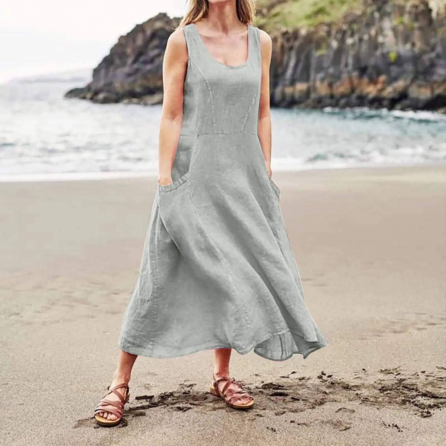 Women Cotton linen dress Fashion Simple beach dresses Solid Color Sleeveless Long skirt With pocket vestidos veranos moda 2024