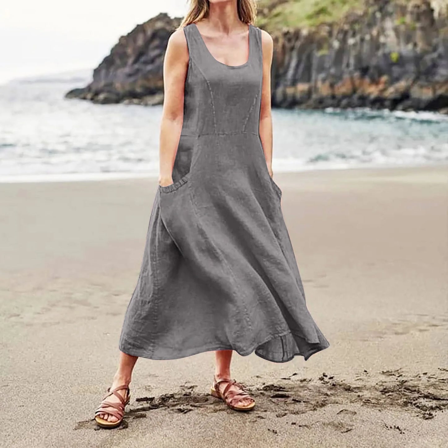 Women Cotton linen dress Fashion Simple beach dresses Solid Color Sleeveless Long skirt With pocket vestidos veranos moda 2024