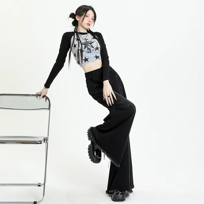 Washed old retro subculture Black gray wide leg jeans wide leg elephant leg large trouser leg jeans