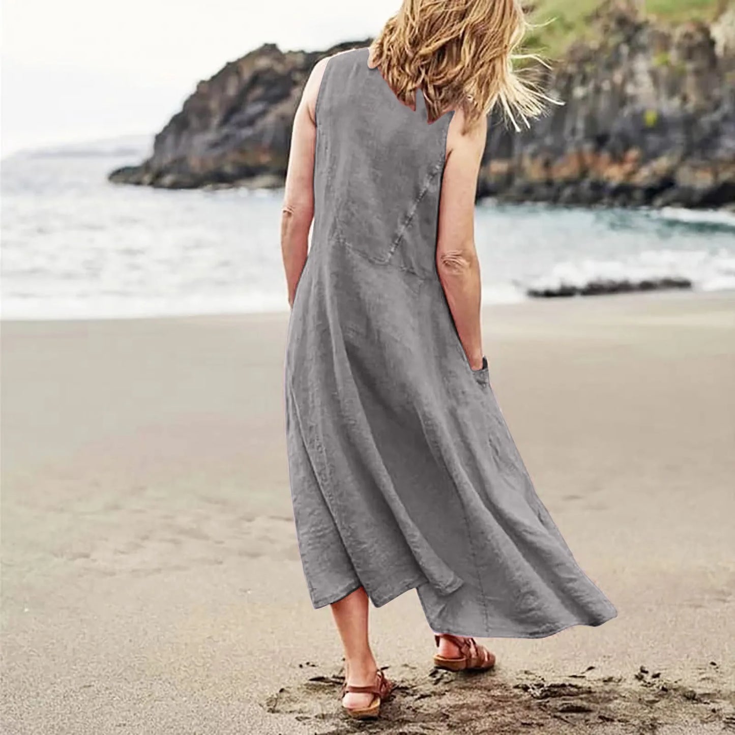 Women Cotton linen dress Fashion Simple beach dresses Solid Color Sleeveless Long skirt With pocket vestidos veranos moda 2024
