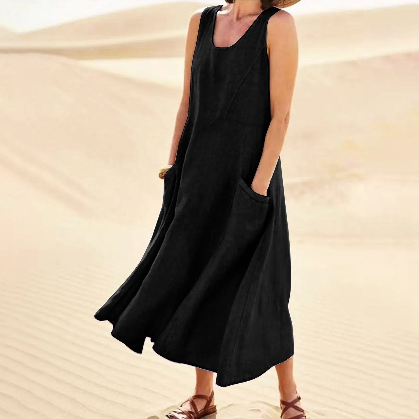 Women Cotton linen dress Fashion Simple beach dresses Solid Color Sleeveless Long skirt With pocket vestidos veranos moda 2024