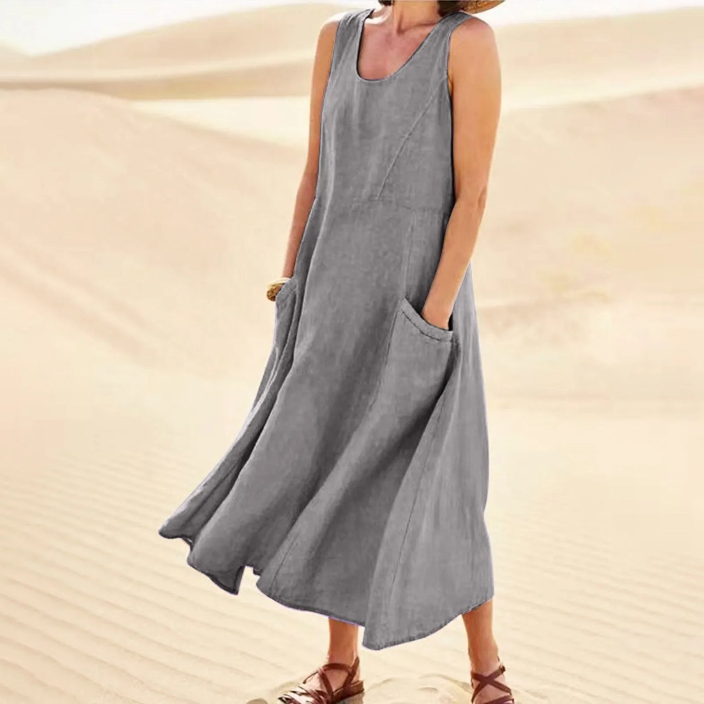Women Cotton linen dress Fashion Simple beach dresses Solid Color Sleeveless Long skirt With pocket vestidos veranos moda 2024