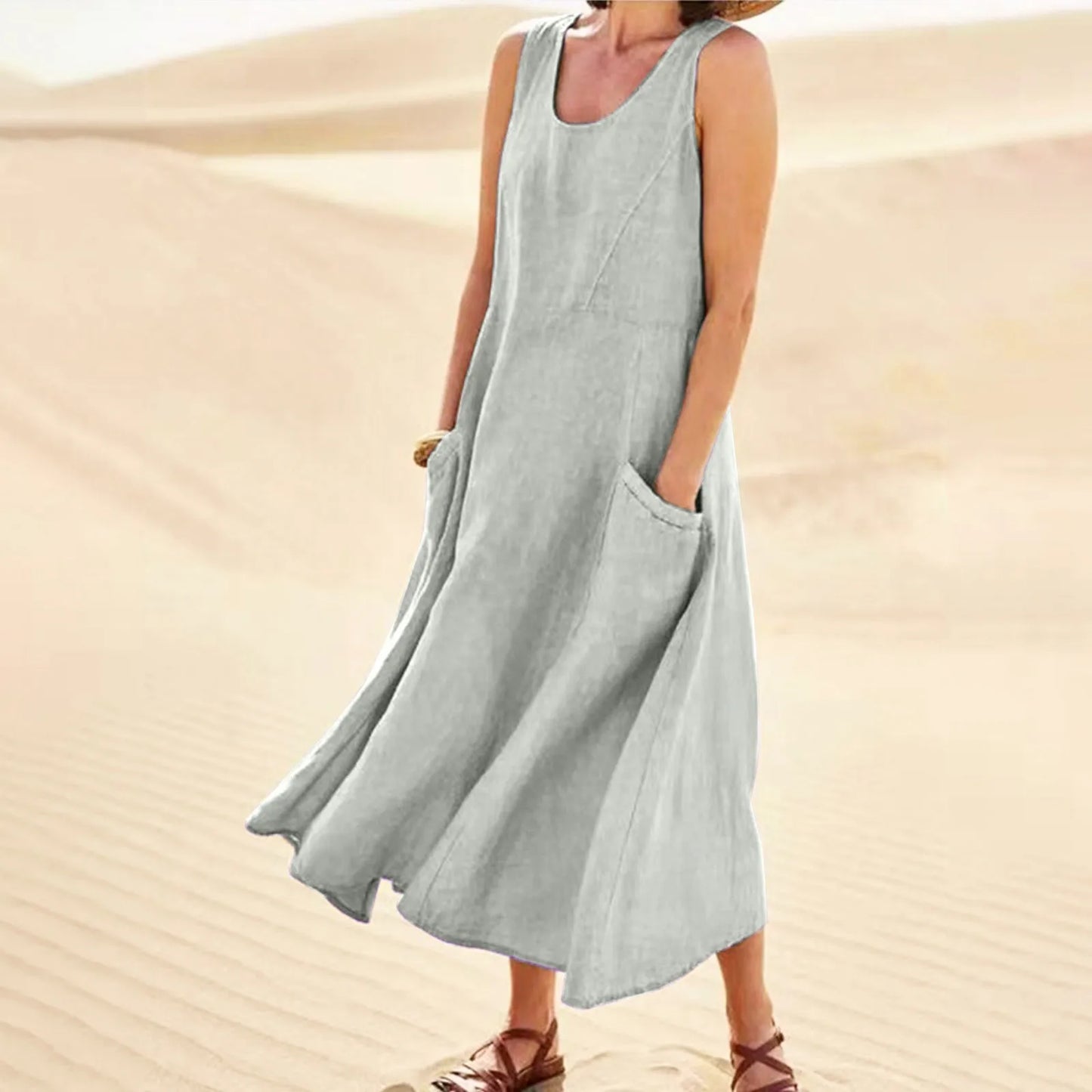 Women Cotton linen dress Fashion Simple beach dresses Solid Color Sleeveless Long skirt With pocket vestidos veranos moda 2024