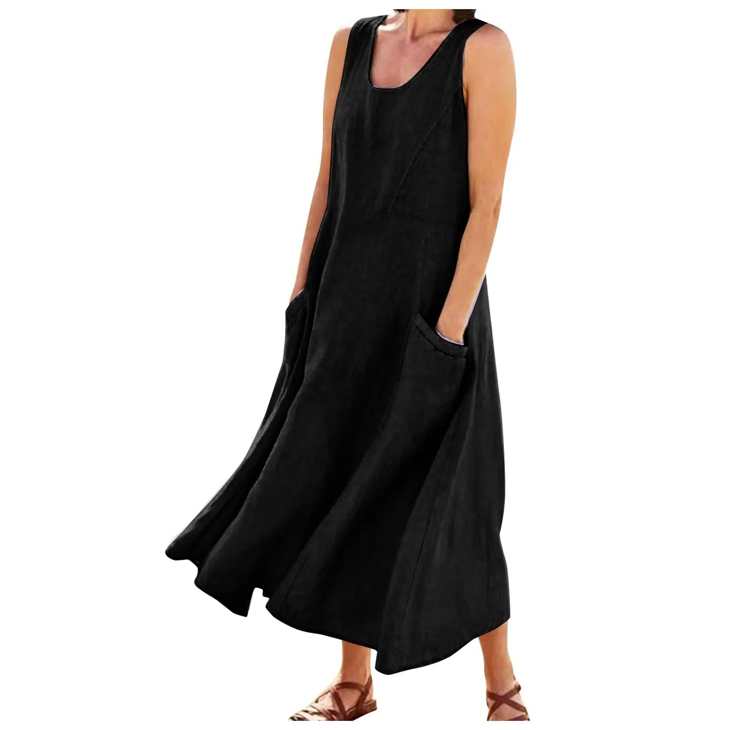 Women Cotton linen dress Fashion Simple beach dresses Solid Color Sleeveless Long skirt With pocket vestidos veranos moda 2024