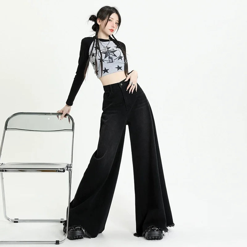 Washed old retro subculture Black gray wide leg jeans wide leg elephant leg large trouser leg jeans