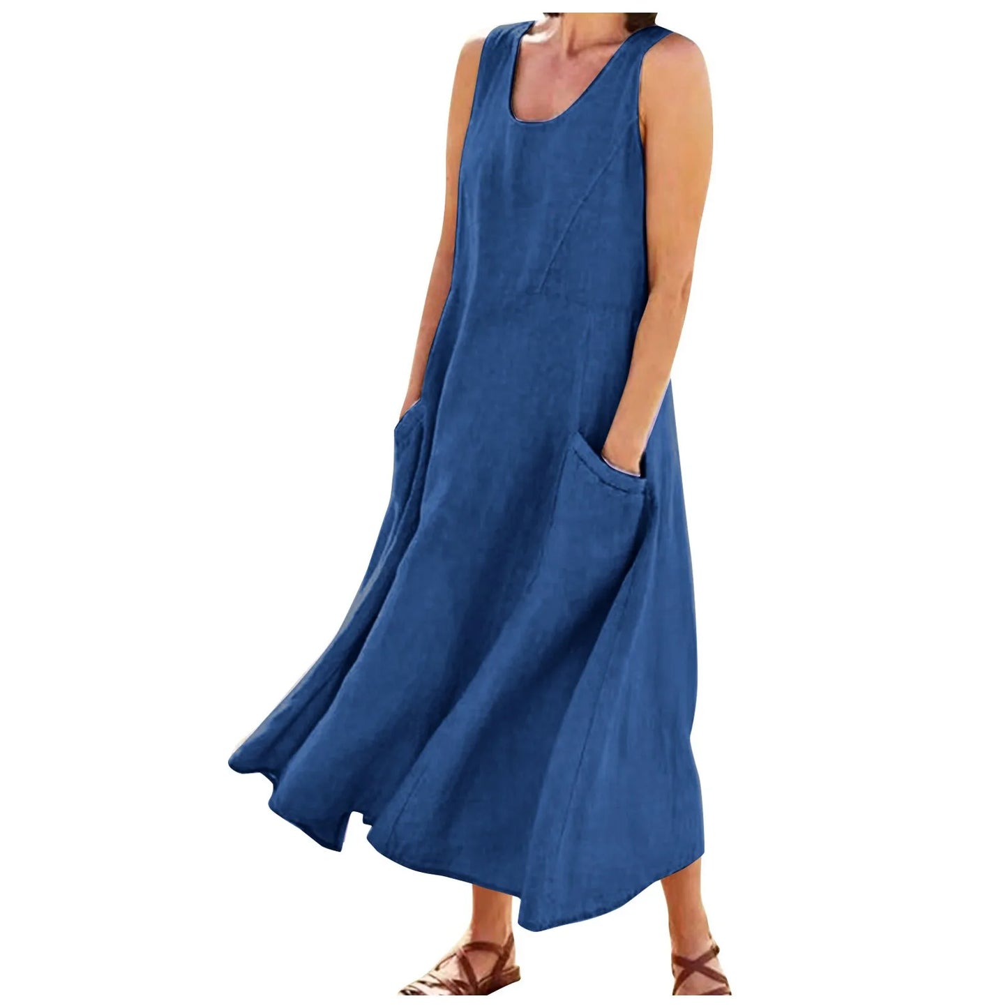 Women Cotton linen dress Fashion Simple beach dresses Solid Color Sleeveless Long skirt With pocket vestidos veranos moda 2024