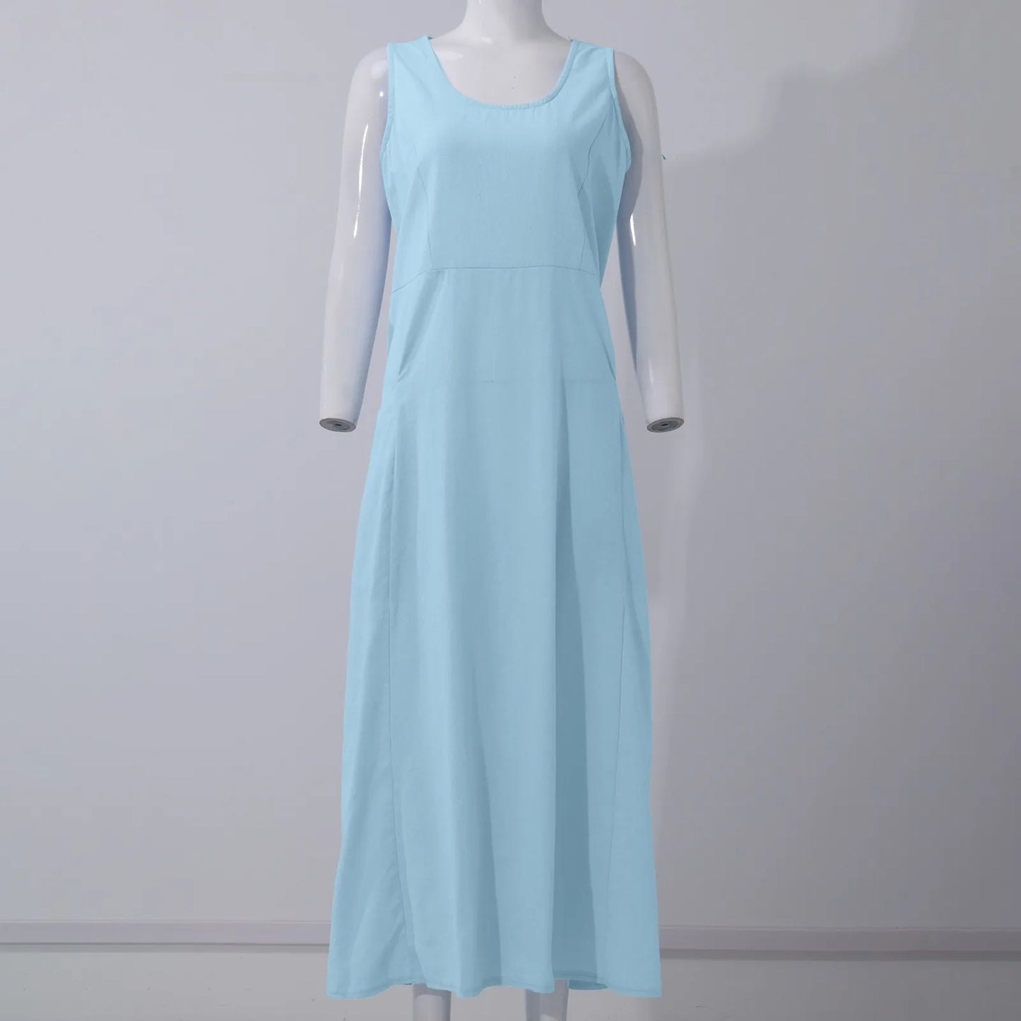 Women Cotton linen dress Fashion Simple beach dresses Solid Color Sleeveless Long skirt With pocket vestidos veranos moda 2024