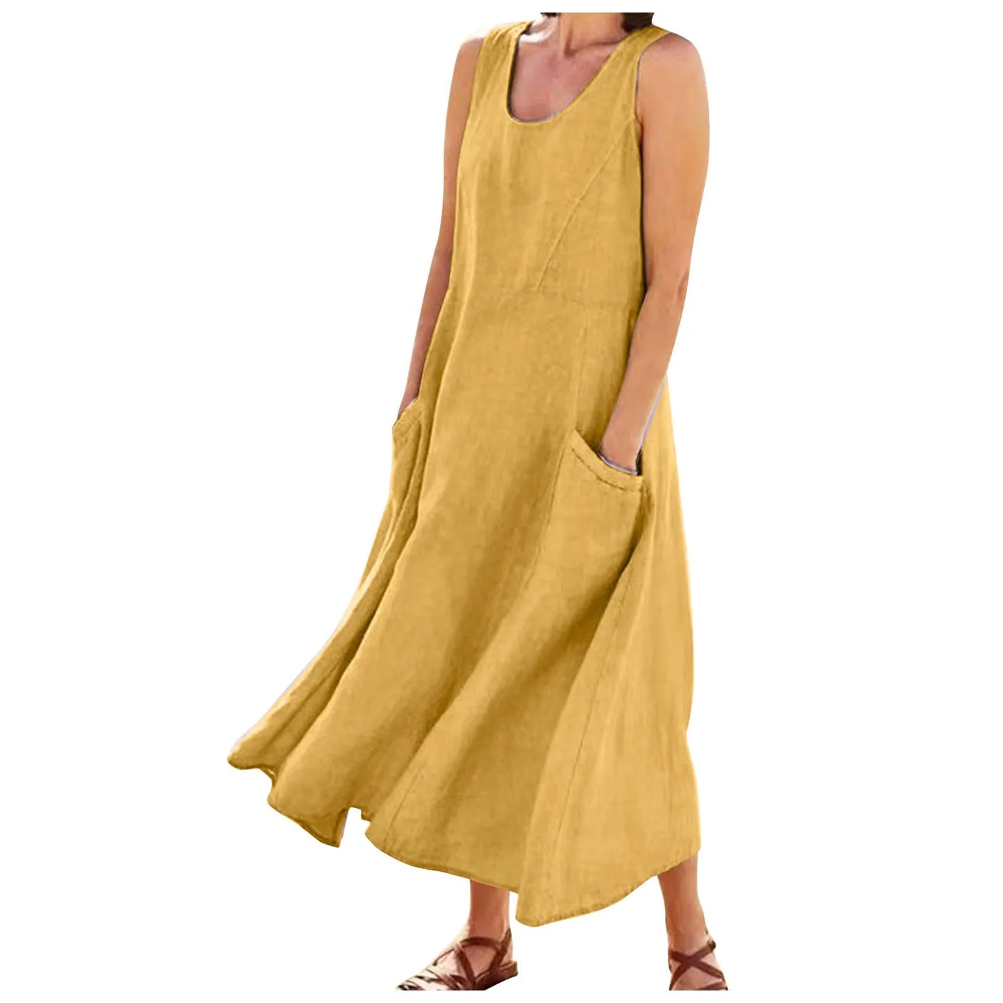 Women Cotton linen dress Fashion Simple beach dresses Solid Color Sleeveless Long skirt With pocket vestidos veranos moda 2024