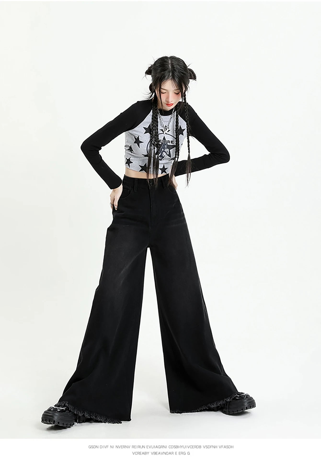Washed old retro subculture Black gray wide leg jeans wide leg elephant leg large trouser leg jeans