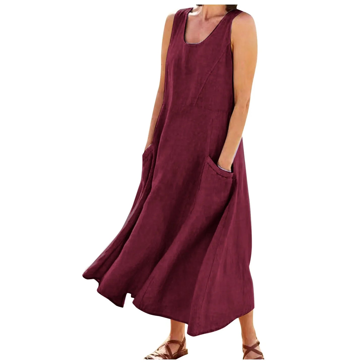 Women Cotton linen dress Fashion Simple beach dresses Solid Color Sleeveless Long skirt With pocket vestidos veranos moda 2024