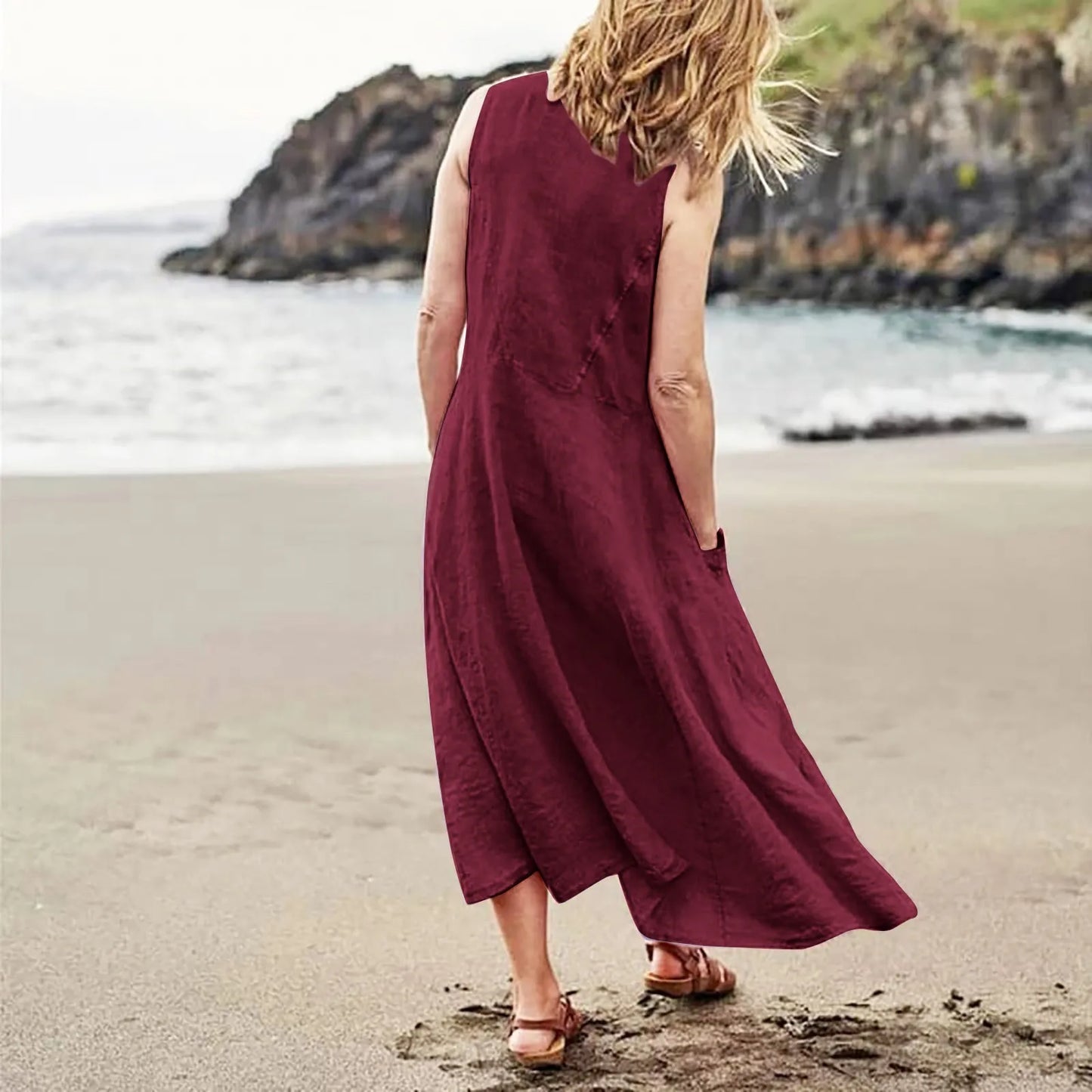 Women Cotton linen dress Fashion Simple beach dresses Solid Color Sleeveless Long skirt With pocket vestidos veranos moda 2024