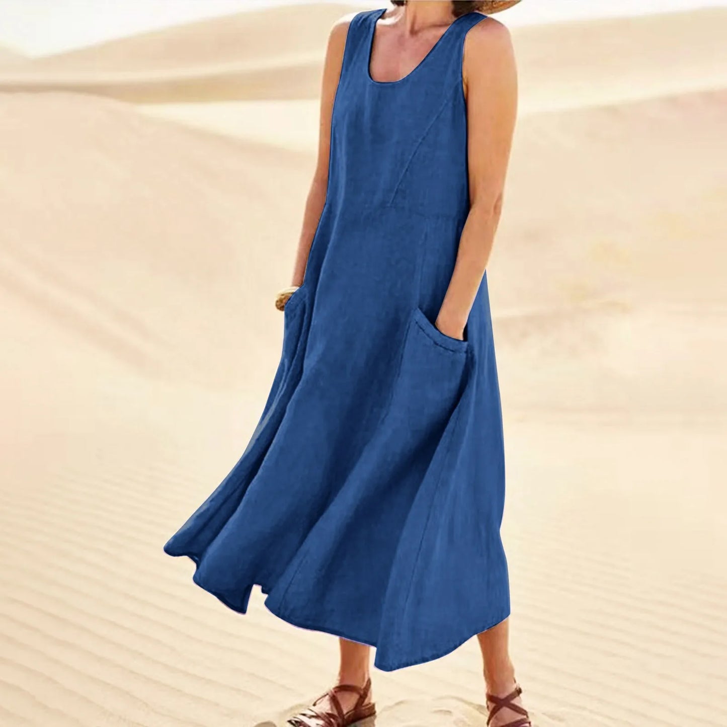 Women Cotton linen dress Fashion Simple beach dresses Solid Color Sleeveless Long skirt With pocket vestidos veranos moda 2024