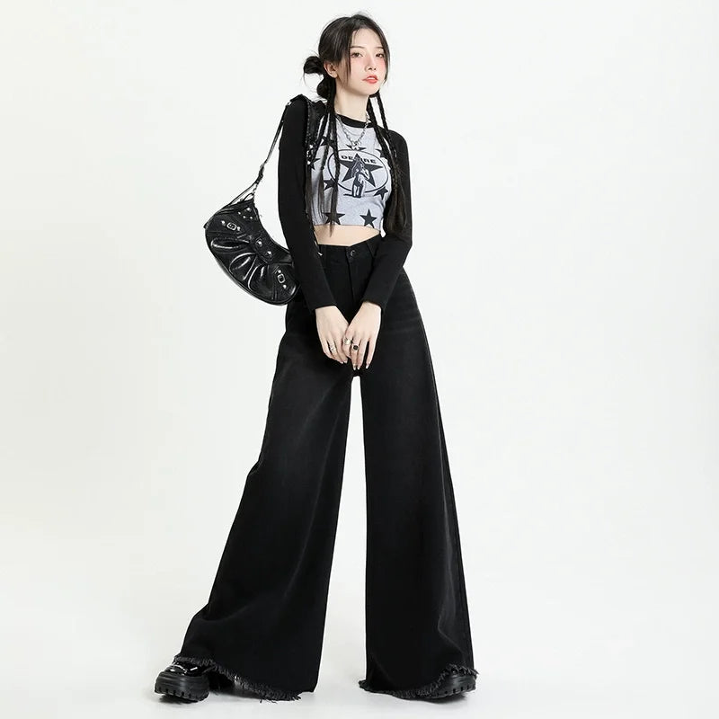 Washed old retro subculture Black gray wide leg jeans wide leg elephant leg large trouser leg jeans