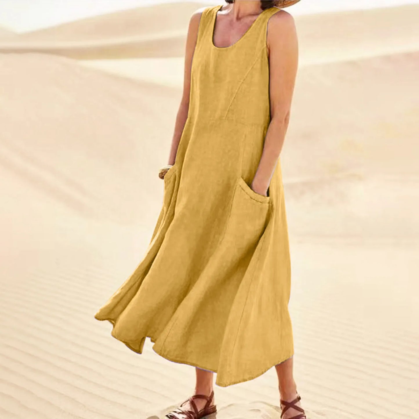 Women Cotton linen dress Fashion Simple beach dresses Solid Color Sleeveless Long skirt With pocket vestidos veranos moda 2024