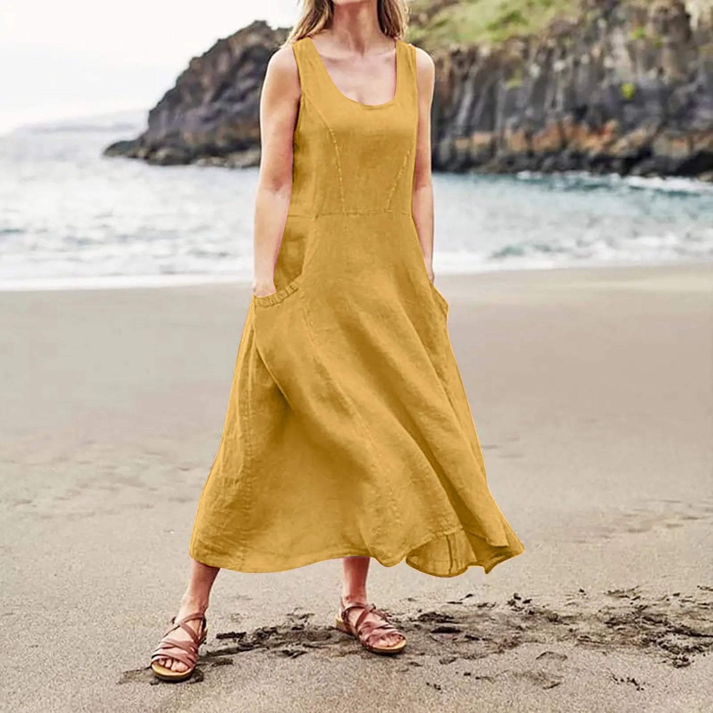 Women Cotton linen dress Fashion Simple beach dresses Solid Color Sleeveless Long skirt With pocket vestidos veranos moda 2024