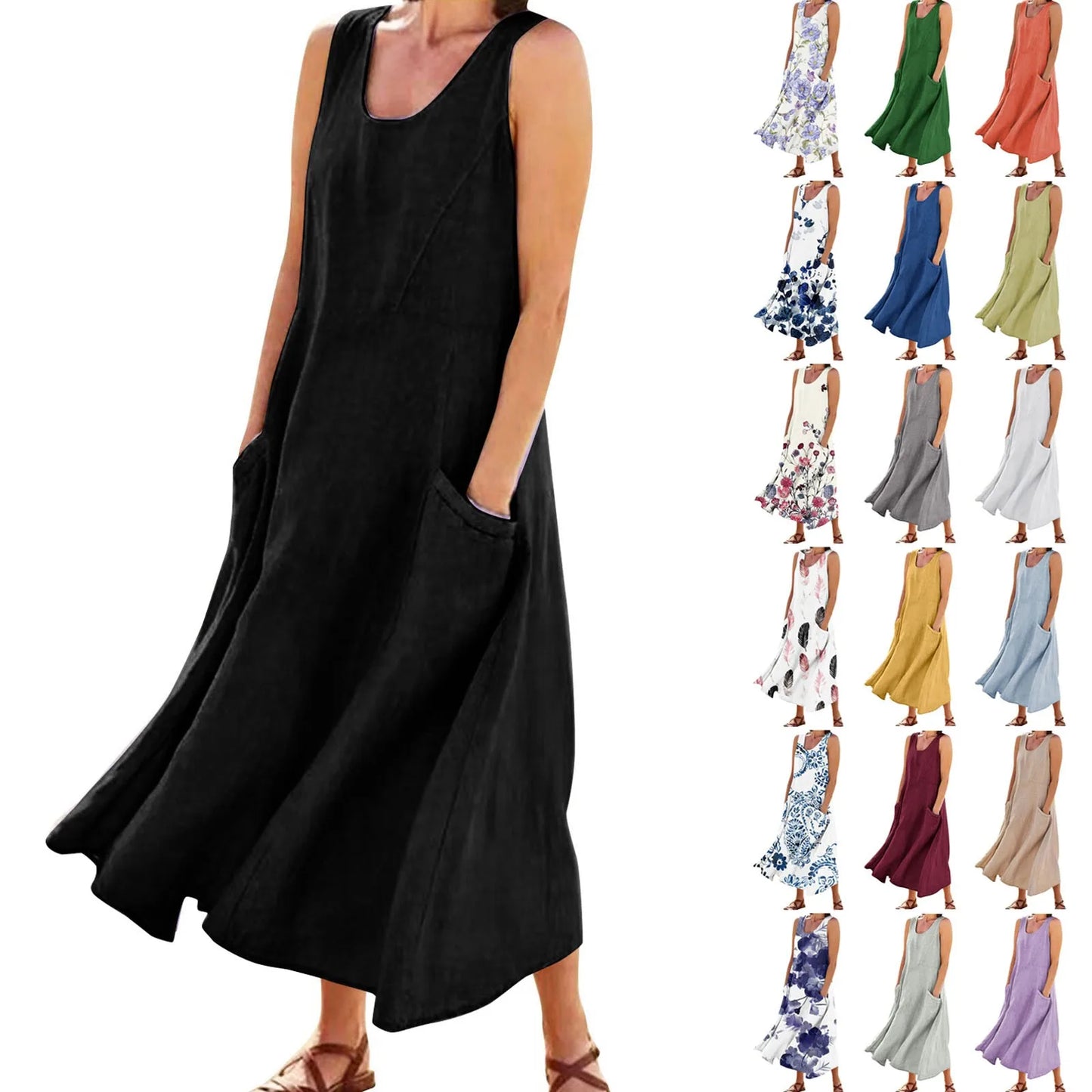 Women Cotton linen dress Fashion Simple beach dresses Solid Color Sleeveless Long skirt With pocket vestidos veranos moda 2024