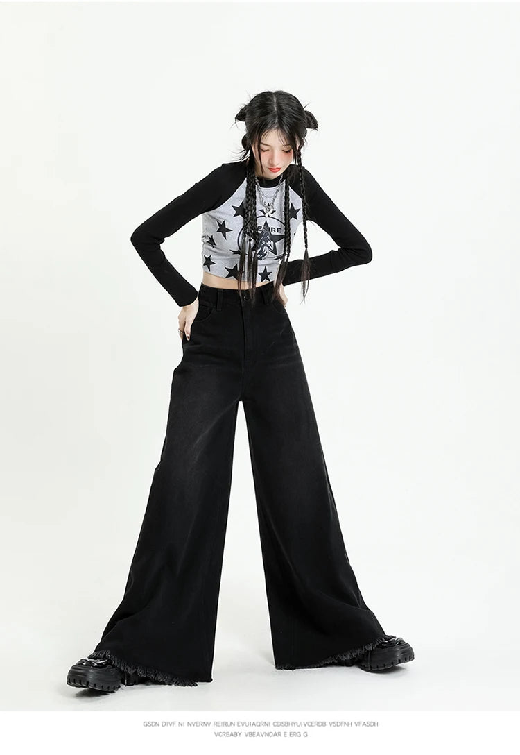 Washed old retro subculture Black gray wide leg jeans wide leg elephant leg large trouser leg jeans