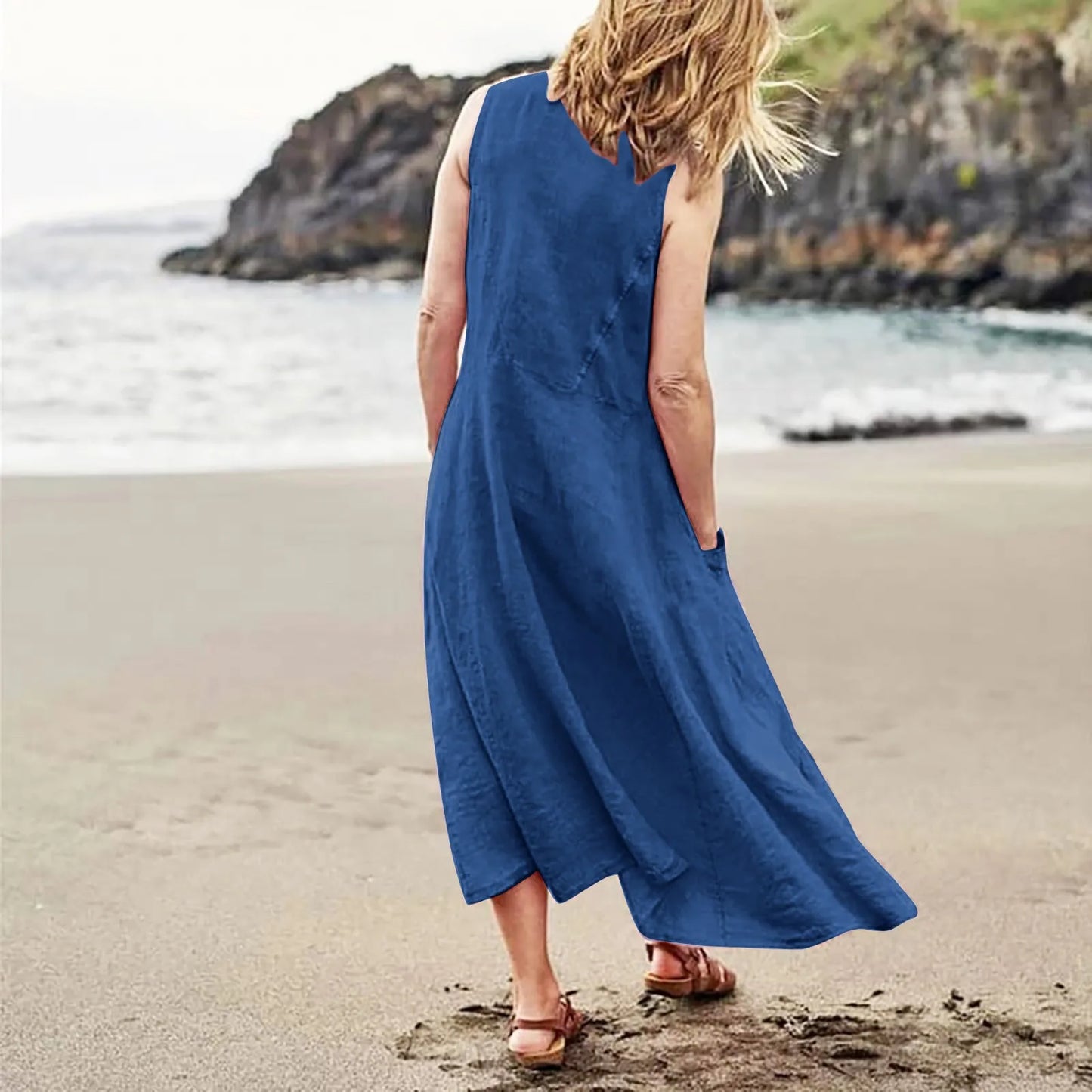 Women Cotton linen dress Fashion Simple beach dresses Solid Color Sleeveless Long skirt With pocket vestidos veranos moda 2024