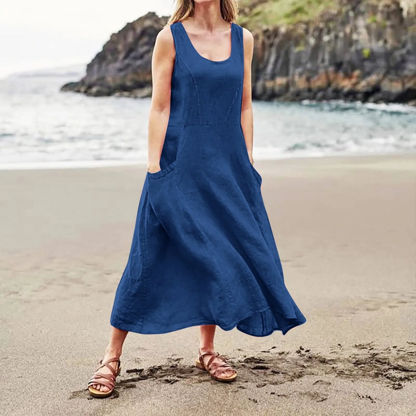Women Cotton linen dress Fashion Simple beach dresses Solid Color Sleeveless Long skirt With pocket vestidos veranos moda 2024