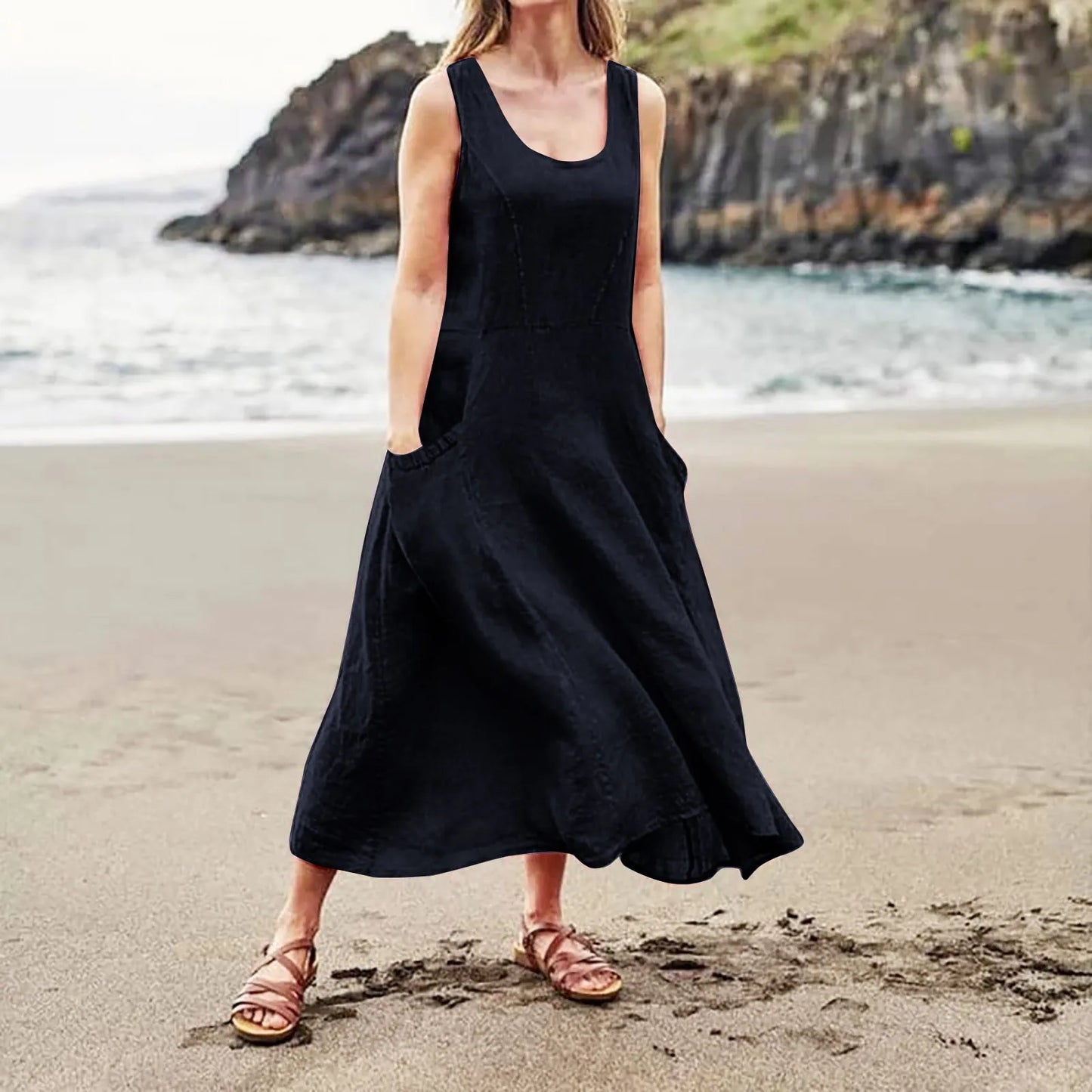Women Cotton linen dress Fashion Simple beach dresses Solid Color Sleeveless Long skirt With pocket vestidos veranos moda 2024