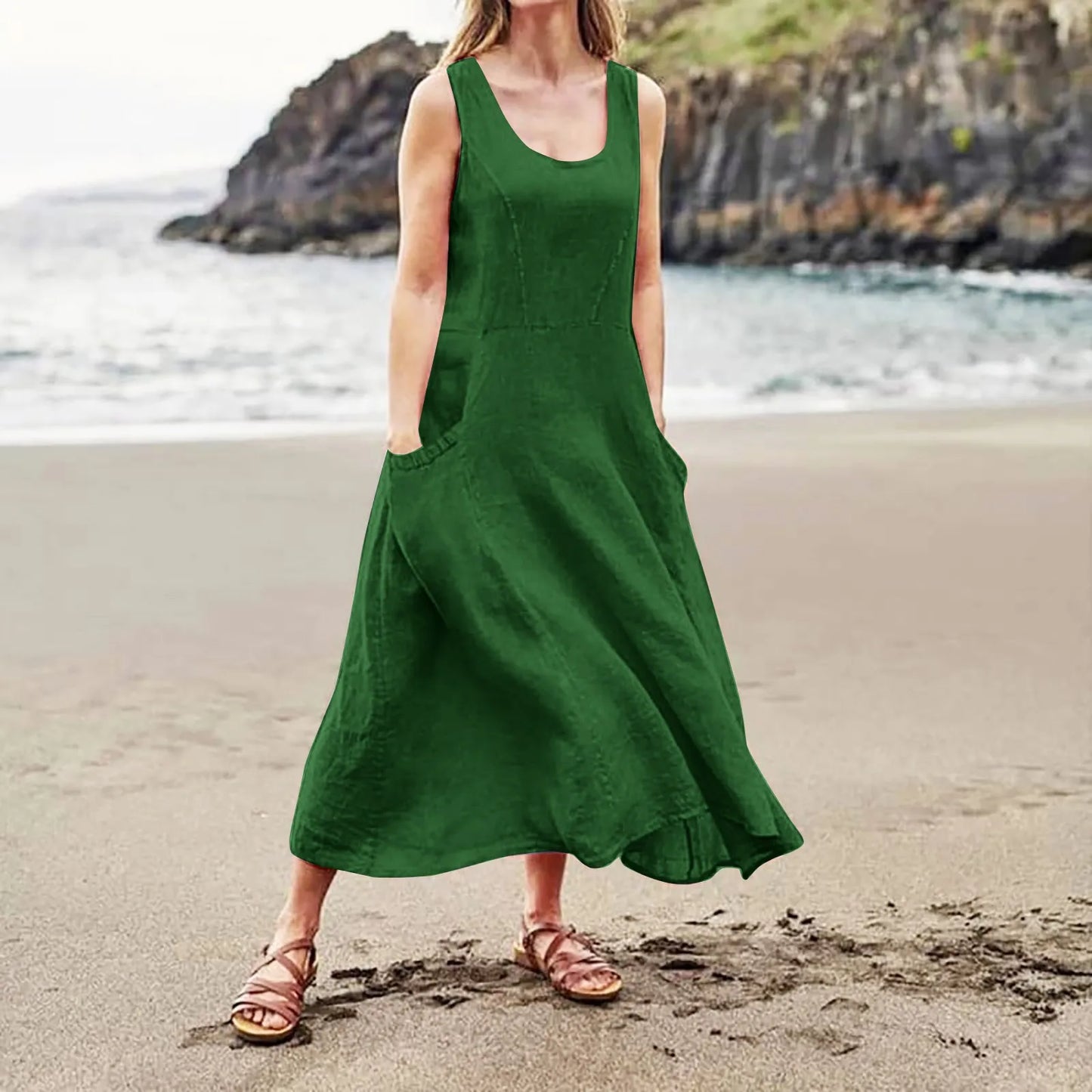 Women Cotton linen dress Fashion Simple beach dresses Solid Color Sleeveless Long skirt With pocket vestidos veranos moda 2024