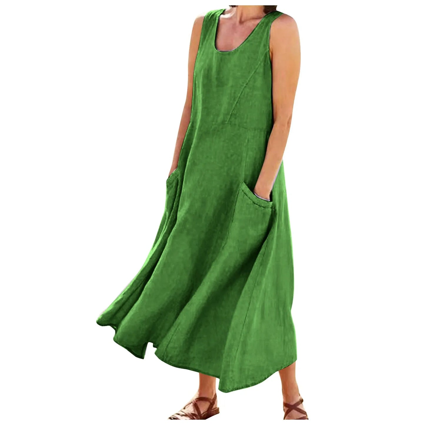 Women Cotton linen dress Fashion Simple beach dresses Solid Color Sleeveless Long skirt With pocket vestidos veranos moda 2024