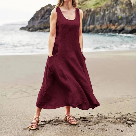 Women Cotton linen dress Fashion Simple beach dresses Solid Color Sleeveless Long skirt With pocket vestidos veranos moda 2024
