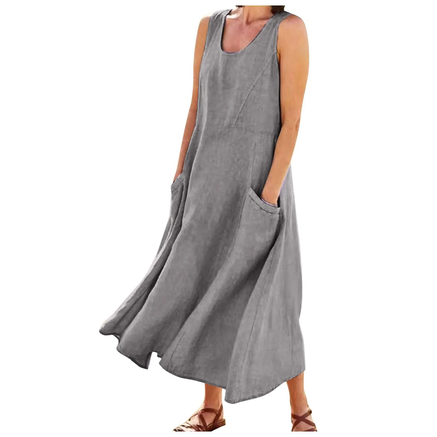 Women Cotton linen dress Fashion Simple beach dresses Solid Color Sleeveless Long skirt With pocket vestidos veranos moda 2024