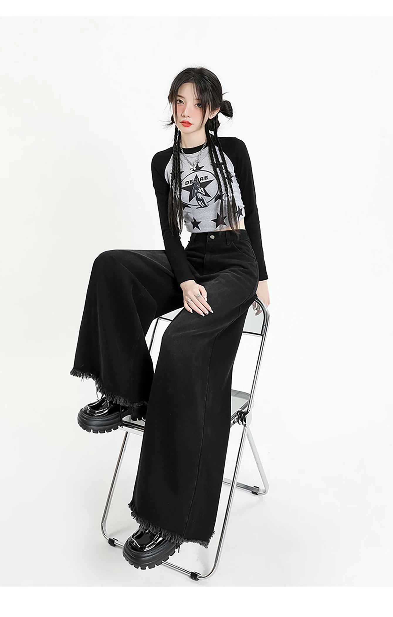 Washed old retro subculture Black gray wide leg jeans wide leg elephant leg large trouser leg jeans