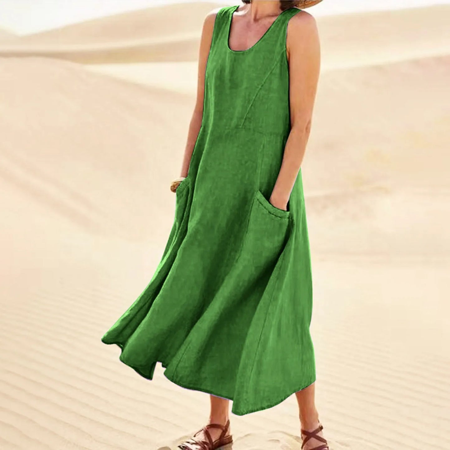 Women Cotton linen dress Fashion Simple beach dresses Solid Color Sleeveless Long skirt With pocket vestidos veranos moda 2024
