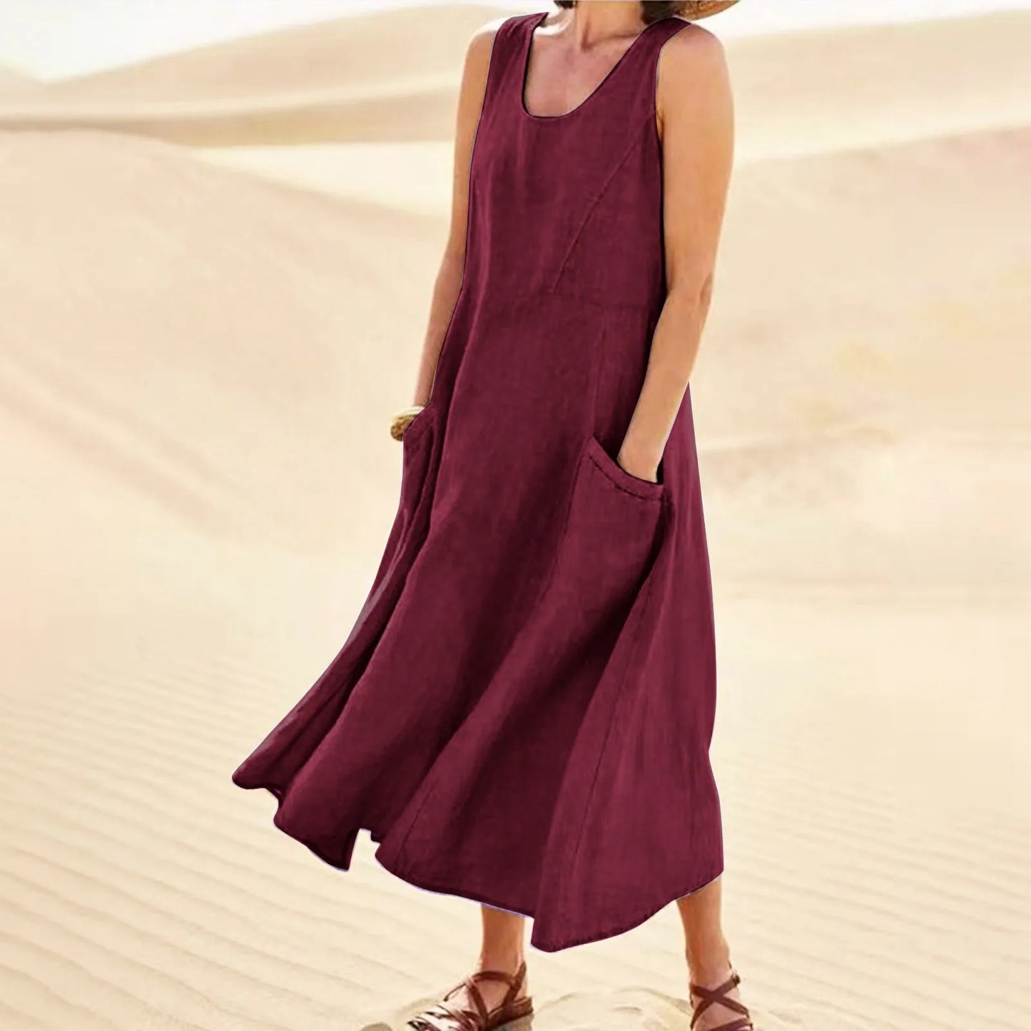 Women Cotton linen dress Fashion Simple beach dresses Solid Color Sleeveless Long skirt With pocket vestidos veranos moda 2024