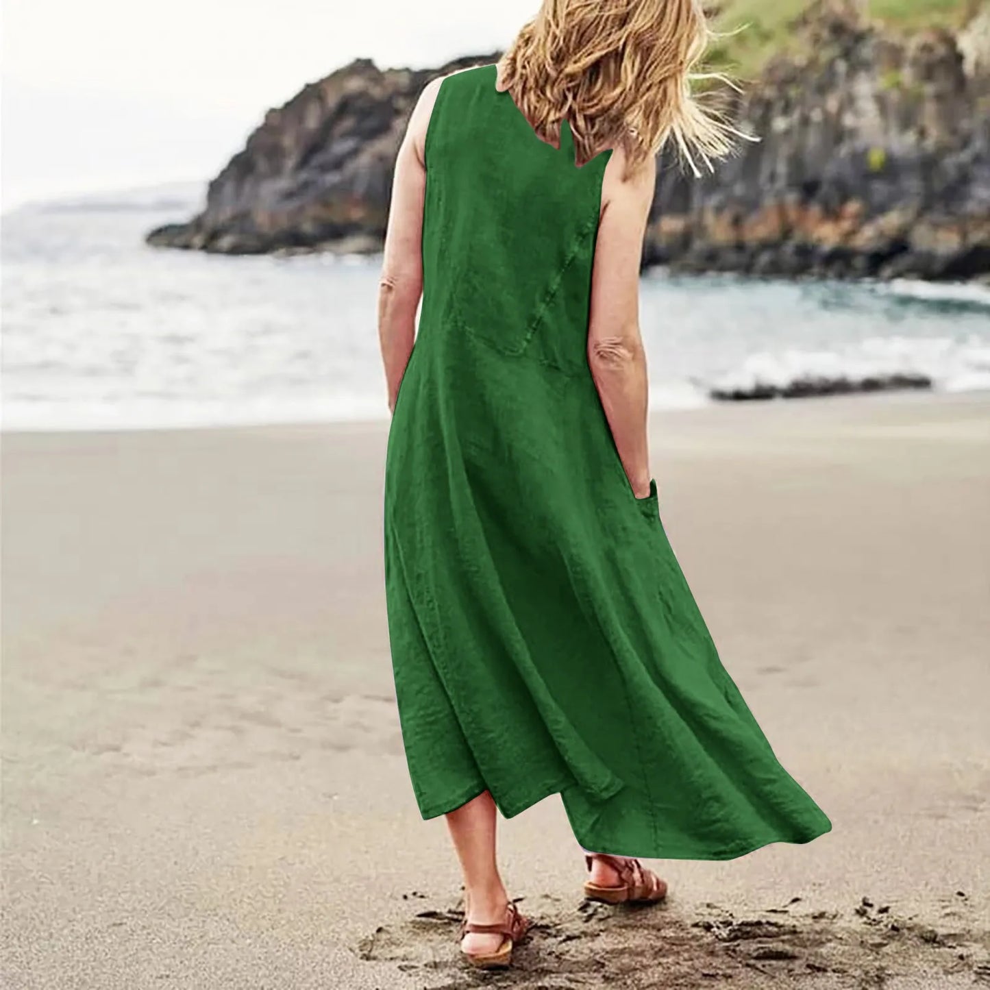 Women Cotton linen dress Fashion Simple beach dresses Solid Color Sleeveless Long skirt With pocket vestidos veranos moda 2024