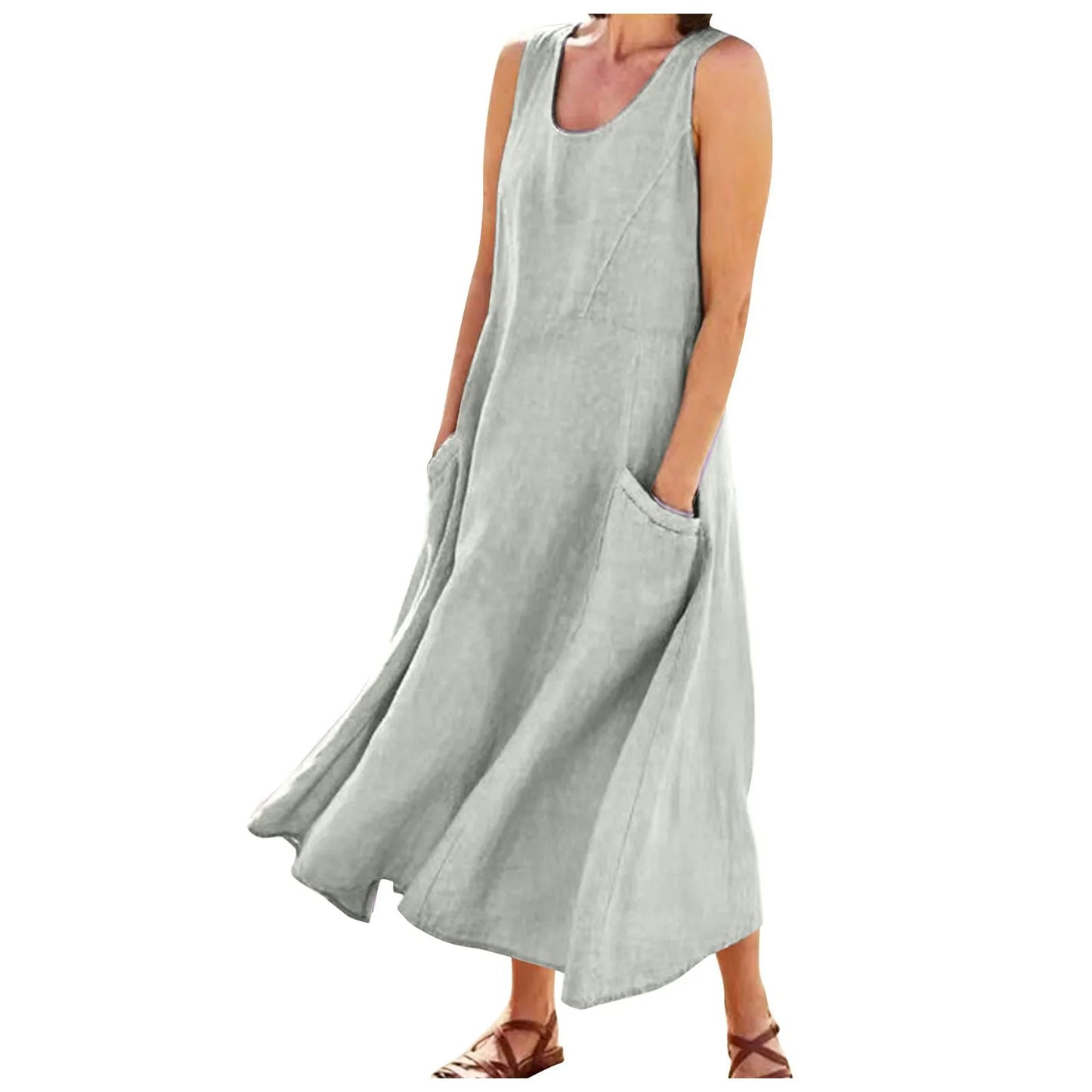 Women Cotton linen dress Fashion Simple beach dresses Solid Color Sleeveless Long skirt With pocket vestidos veranos moda 2024