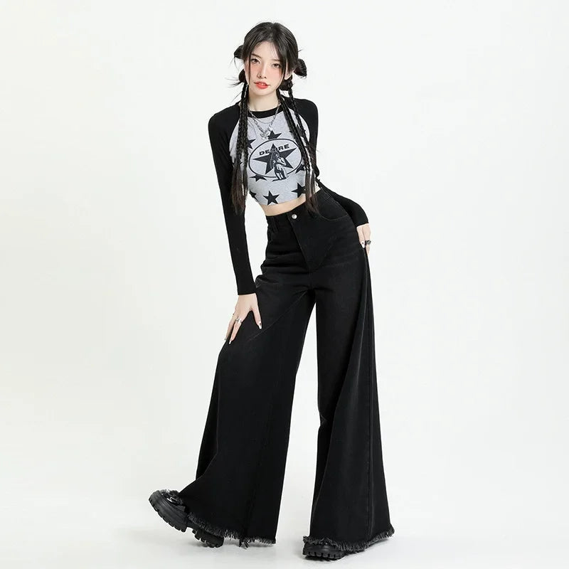 Washed old retro subculture Black gray wide leg jeans wide leg elephant leg large trouser leg jeans